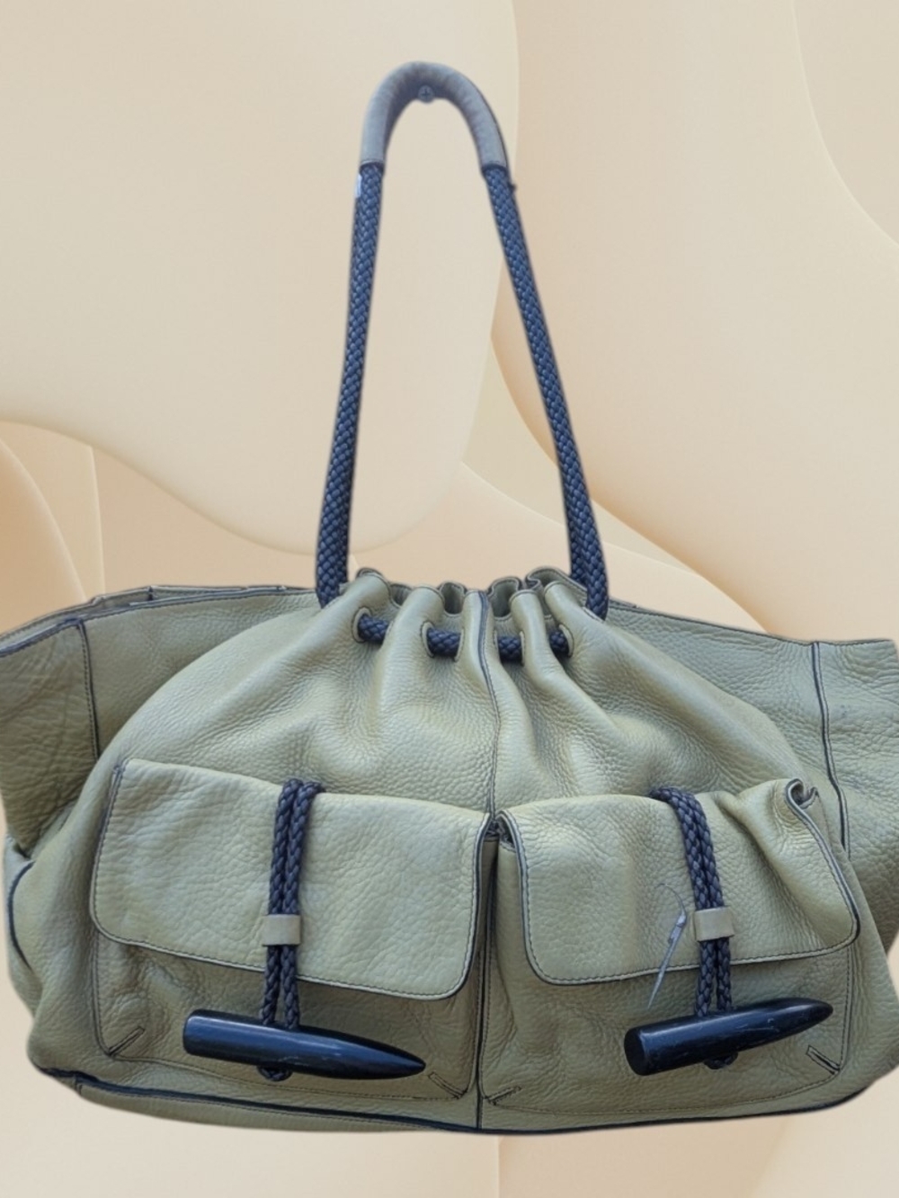 Women's Beige Drawstring Leather Tote Bag